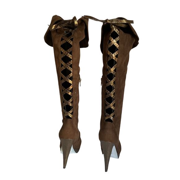 Bebe Brown Suede Over the Knee High Heel Boot with Back Lace-Up Festival Boho 8B - Picture 5 of 10